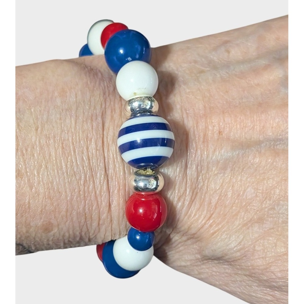 Vintage Stretch Bead Bracelet Red White Blue Plastic Patriotic Stars Stripes